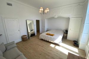 蒙彼利埃Sunny luxury flat in the city centre的白色卧室配有床和镜子