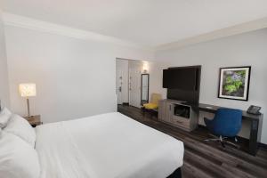 迈阿密迈阿密机场西拉昆塔套房酒店的一间卧室配有一张床、一张书桌和一台电视。