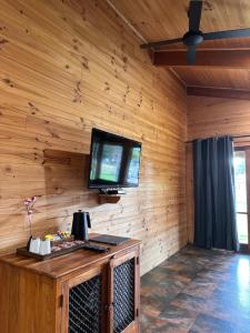 BuchanThe River Retreat Buchan的客厅设有木墙,配有电视。