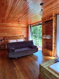 乌鲁比西Recanto do Ipê cabana 01的小木屋内带沙发的客厅