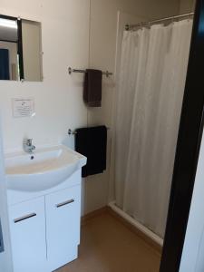 伊萨山Mt Isa Caravan Park的浴室配有白色水槽和淋浴。