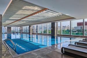 深圳深圳机场希尔顿逸林公寓的一座大型游泳池,位于一座带窗户的建筑内