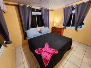 乌图罗阿Fare Moana Bord de Mer Fare Tepua Lodge的一间卧室配有一张黑色床,上面有粉红色的弓