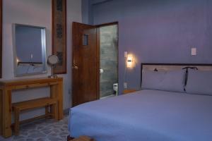瓜纳华托Hotel Corazón de Plata Centro的一间卧室配有一张床、一台电视和一张桌子