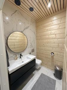 罗瓦涅米Lakeside Lodge Norvis的一间带水槽、卫生间和镜子的浴室