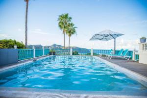 奥拉涅斯塔德Quill Gardens Boutique Hotel的一个带遮阳伞和棕榈树的游泳池