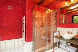 诺托卡里克罗乡间度假村的红色的浴室设有水槽和淋浴