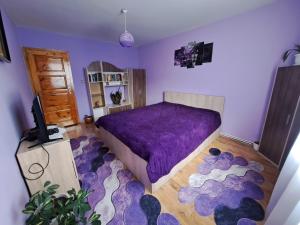 贝利伊斯库尔Guest House Freya的一间卧室配有紫色的床和紫色地毯