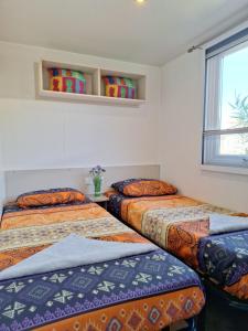 鲁西隆地区卡内Mobile home Chic的客房设有两张床和窗户。