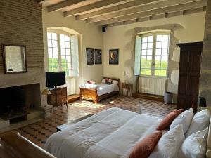 EspiensChateau de Mazelieres的一间卧室设有一张大床和一个壁炉