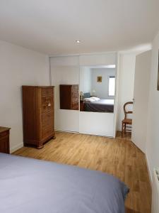 Chambourg-sur-IndreCharmante petite maison 2 personnes的一间卧室配有一张床、梳妆台和镜子