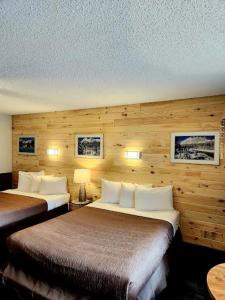 坎莫尔朗德尔山汽车旅馆的配有木墙的酒店客房内的两张床