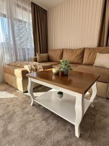 潘波洛沃ELEA Apartment Mountain Lodge Pamporovo的带沙发和咖啡桌的客厅