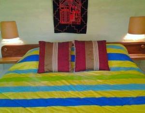 PifoArie's Cabin的一张带彩色床单的床和两个枕头