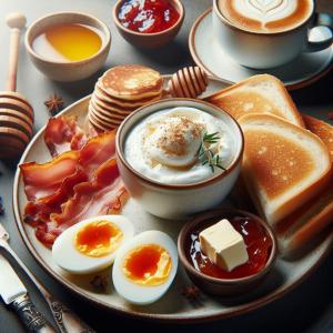 帕罗奇亚叶莱尼酒店的包括鸡蛋培根和咖啡的早餐食品