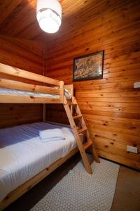 FfestiniogRural Log Cabin Retreat near Coed y Brenin by Seren Short Stays的小木屋内一间卧室配有两张双层床