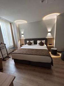 伊斯坦布尔畔迪克海洋酒店的一间卧室配有一张大床,两盏灯