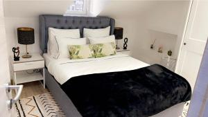 布鲁塞尔Calme, agréable et fonctionnel的一间卧室配有一张带蓝色床头板和枕头的床。