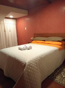 帕帕亚克塔La Quiteñita Papallacta的一间卧室配有一张大床和毛巾