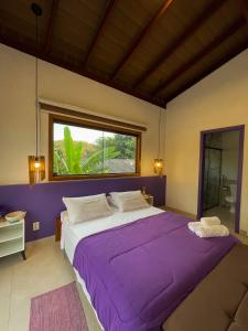 戈亚斯州上帕莱索Tronco do Ipê Hospedagem的卧室配有一张大紫色床和窗户