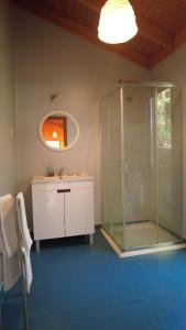 布拉干萨Sobre Aguas Camping的一间带玻璃淋浴和水槽的浴室