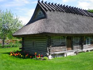 Koguva卡斯普里农家乐的一座带茅草屋顶和鲜花的古老小木屋
