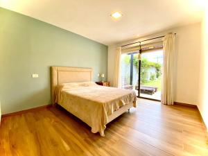 门多萨Vista Montaña的一间卧室设有一张床和一个滑动玻璃门