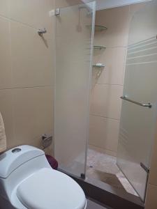 利马Habitación acogedora Aramburú的一间带卫生间和玻璃淋浴间的浴室