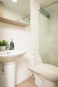 马尼萨莱斯El Mirador De Castilla的白色的浴室设有卫生间和水槽。