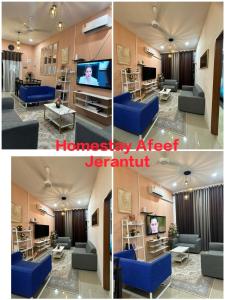 而连突Homestay Afeef Jerantut的客厅配有蓝色的沙发和电视
