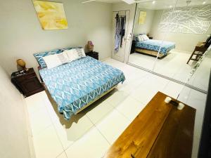 维拉港Seven Star Lodge的一间卧室配有一张床和镜子