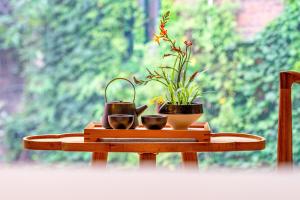 重庆无隅酒店(重庆沙坪坝三峡广场店)的一张桌子,上面有两盆和一株植物