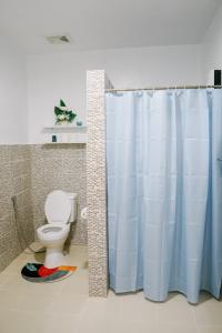 公主港Near Airport Transient Inn - 2 Bedroom Suite的浴室设有卫生间和蓝色的浴帘。