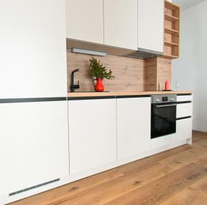 拉赫塔尔Arton Lachtal - Apartments Steiermark的厨房配有白色橱柜和黑烤箱。