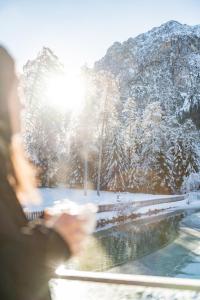 圣维吉利奥Hotel Lago della Creta的看到火车在雪中窗口的人