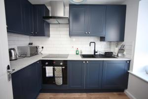 牛津Oxford's Most Stylish House - Garden & Parking的厨房配有蓝色橱柜和水槽
