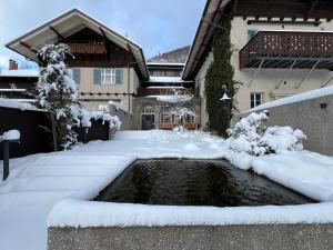 格吕瑙Villa Unterswand的雪中带池塘的房子
