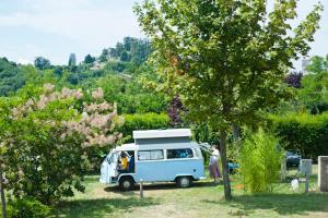 福卡尔基耶Camping Forcalquier les Routes de Provence的停在树旁的一辆蓝白色货车