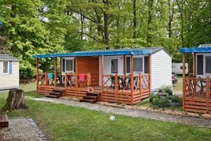 巴特迪克海姆KNAUS Campingpark Bad Dürkheim的院子里有蓝色屋顶的小房子
