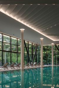 KamenitsaVerkhovyna Resort Medical & Wellness的游泳池里的一排椅子