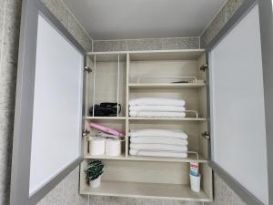 束草市Sokcho Summitbay 1209 "Ocean View"的衣柜配有白色毛巾和毛巾