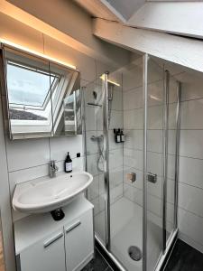 布雷根茨Zentrale Wohnung mit Dachterasse的一间带水槽和淋浴的浴室