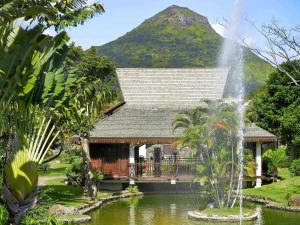 弗利康弗拉克Sofitel Mauritius L'Imperial Resort & Spa的池塘中央有喷泉的房子