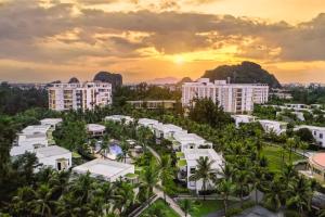 岘港Melia Danang Beach Resort的享有棕榈树和建筑的城市美景