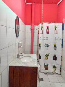 圣地亚哥Origenes的一间带水槽的浴室和一个带盆栽植物的卫生间