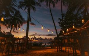 爱妮岛Mad Monkey Hostel Nacpan Beach的海滩上的一组椅子和灯光,伴随着日落