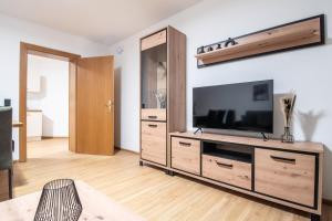 巴德加斯坦Bergblick Appartements的客厅设有带平面电视的大型娱乐中心