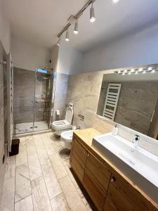 泰穆Chalet Bel-Air A due passi dalle piste, con giardino e posto auto的浴室配有2个盥洗盆、卫生间和淋浴。