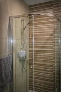 圣保罗湾城Comfort and Convenience flat 4 dad's court的浴室里设有玻璃门淋浴