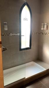 拉安戈斯图拉镇Del Caballero Hotel的浴室设有玻璃淋浴间和窗户